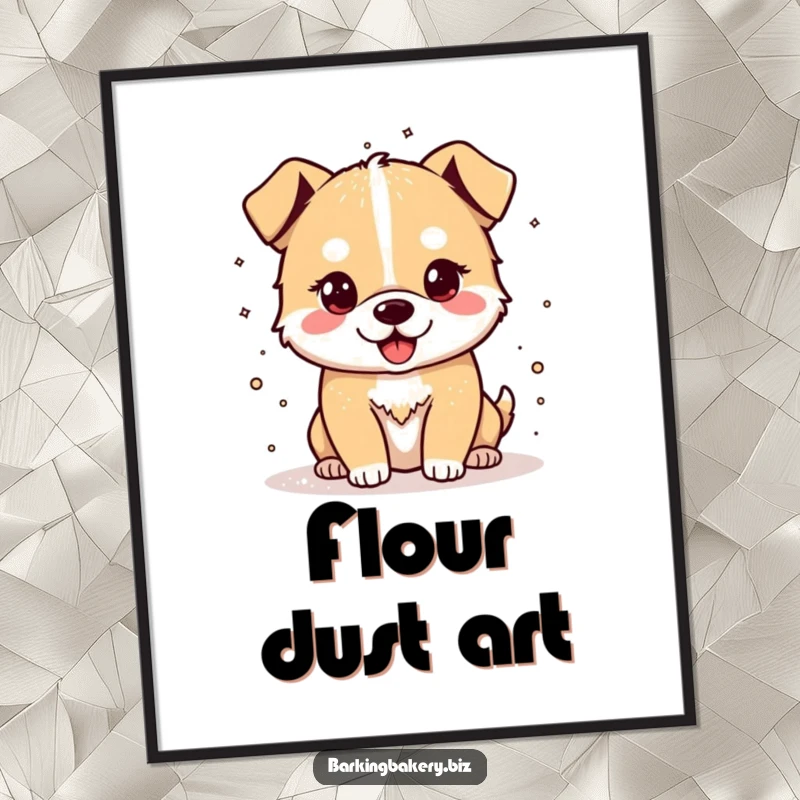 Funny poster art of a cheerful dog happily sprinkling flour, perfect for kitchen decor and baking enthusiasts.