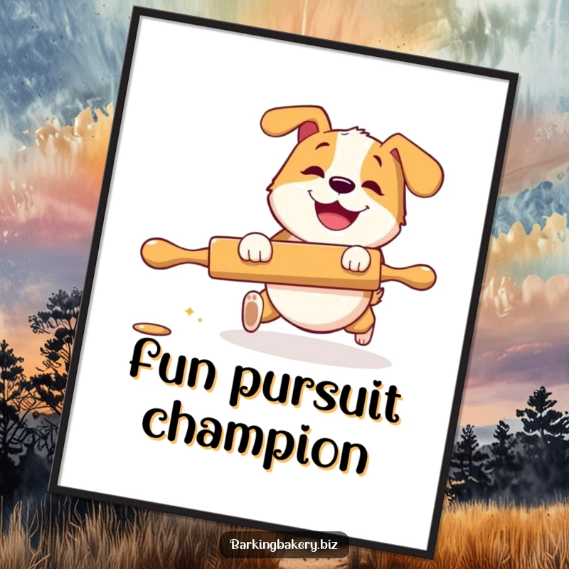Funny Poster: A dog with a big grin playfully chases a rolling pin, bringing energetic and humorous baking-themed art.