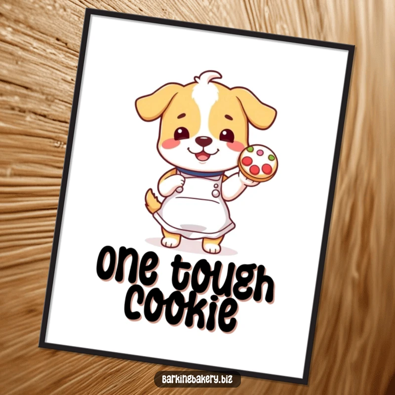 Funny dog in an apron proudly presents a decorated cookie, a charming and funny poster for bakers.