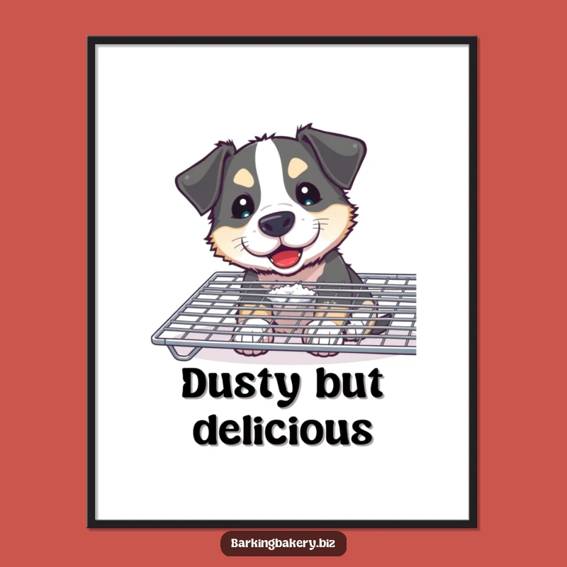Funny Curious Dog Baker Poster: Floury Pup Sniffing Goodies, Humorous Wall Art and Funny Gift