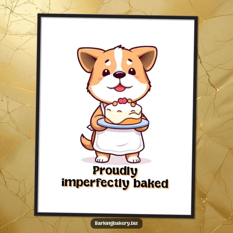 Funny Determined Dog Poster: A proud dog in an apron presents a slightly lopsided cake, capturing the spirit of imperfect baking.