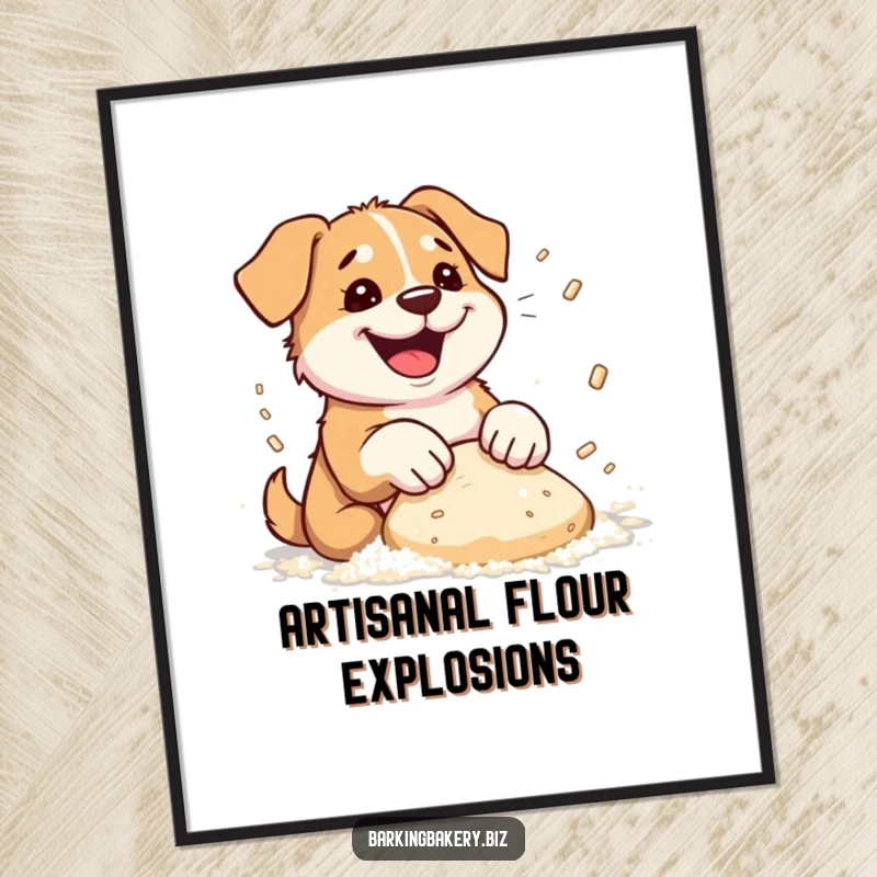 Funny dog poster of a dog energetically kneading dough, resulting in a comical, flour-filled explosion.