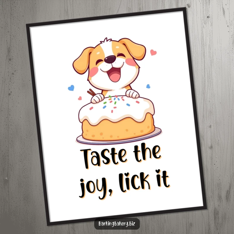 Funny poster art of an incredibly enthusiastic dog decorating a cake with a joyful explosion of colorful sprinkles.