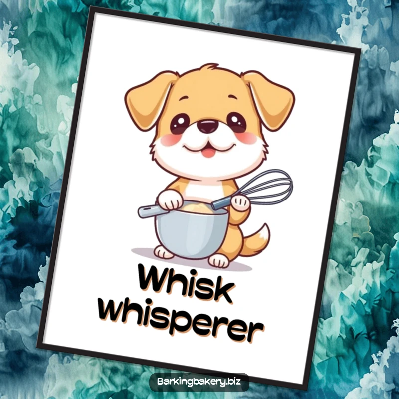 Funny poster art of a dog holding a whisk, looking ready to mix, bringing culinary humor to any space.