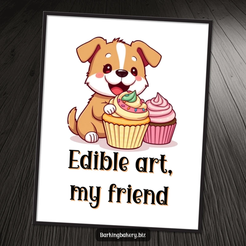 Funny Poster: A dog messily but happily decorates a cupcake with colorful frosting, capturing a moment of pure baking bliss.