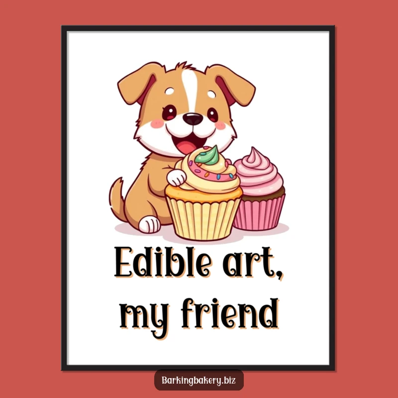 Funny Dog Decorating Poster: Adorable Artwork of a Pup Creating a Cupcake Masterpiece, Perfect Funny Gift