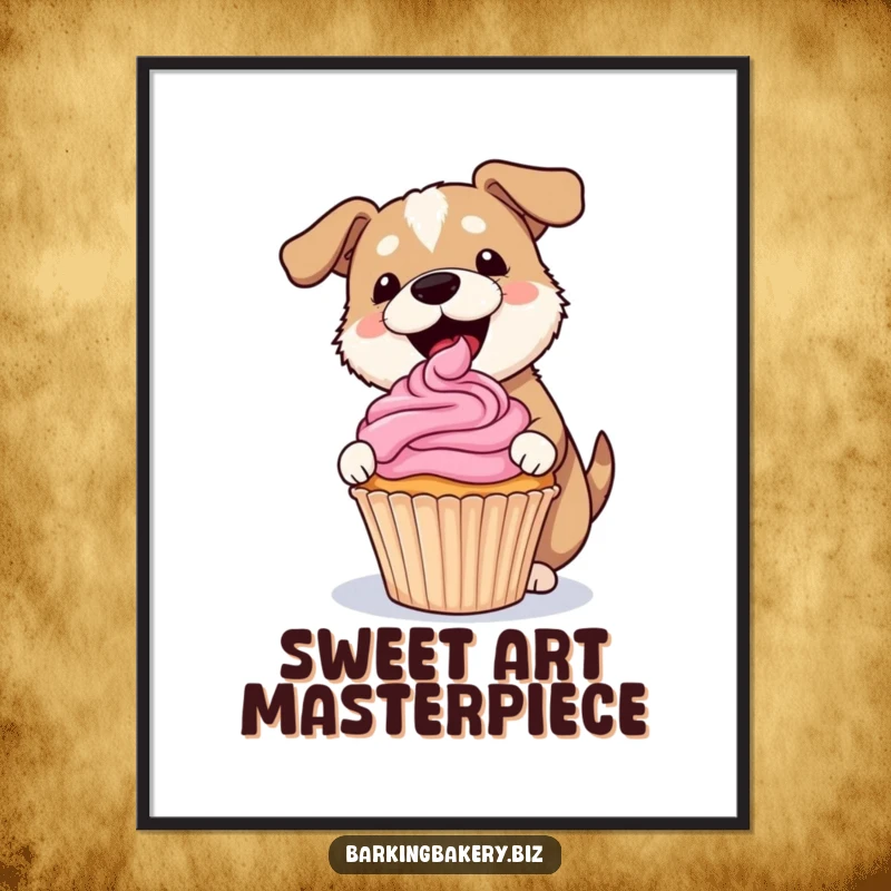 Funny dog poster featuring a happy dog gleefully frosting a lopsided cupcake with a pink swirl, perfect wall decor.