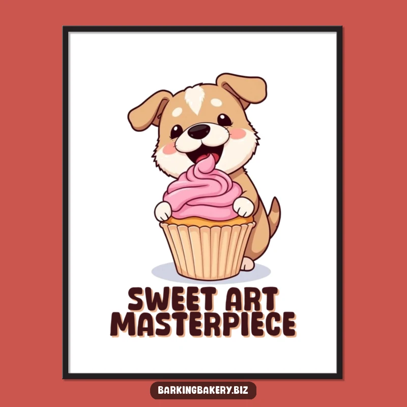 Funny Dog Frosting Cupcake Poster - Whimsical Baker Dog Wall Art Gift!