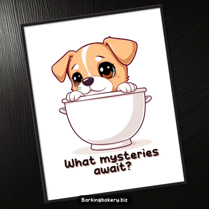 Funny dog peeking over a giant mixing bowl with curious eyes, a humorous poster for kitchen decor.