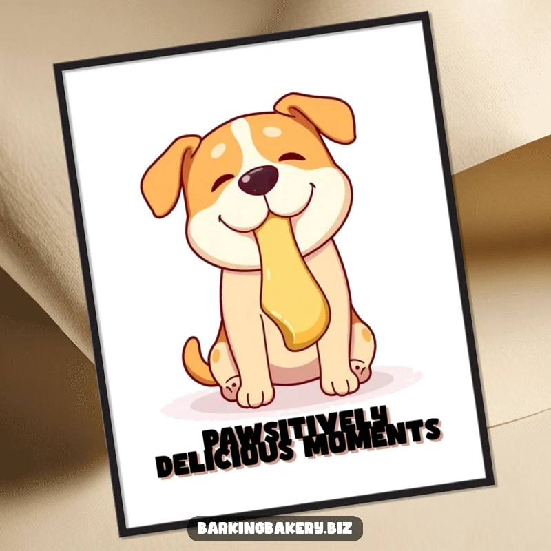 Funny dog poster showing a happy dog catching a flying pastry with its mouth, celebrating a delicious, playful moment.