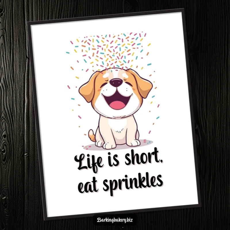 Funny dog poster featuring a happy, giggling puppy being showered with a joyful explosion of colorful sprinkles, a delightful sight.