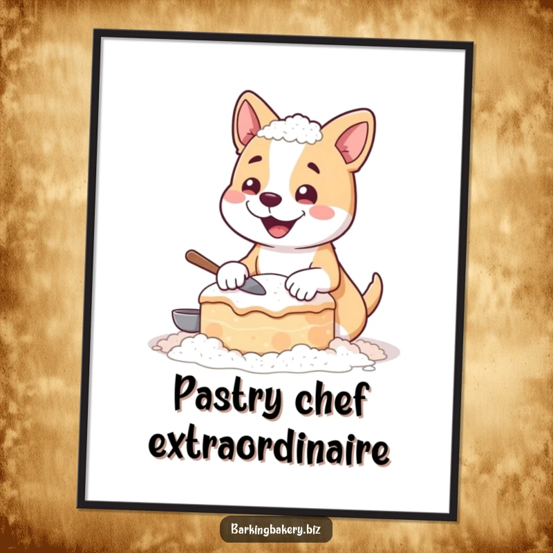 Funny poster art of a happy dog absolutely covered in flour, presenting a quirky, lopsided cake it just baked.