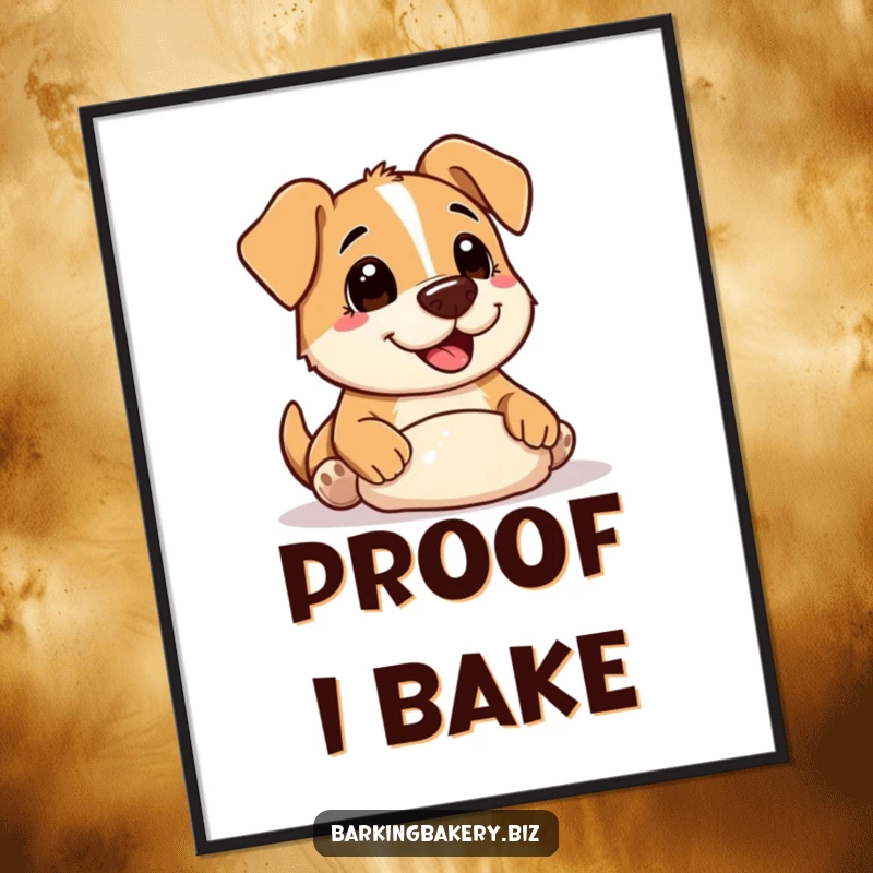 Funny Poster: A dog with a flour-dusted nose happily shaping dough, exuding a sense of joyful creation and kitchen fun.
