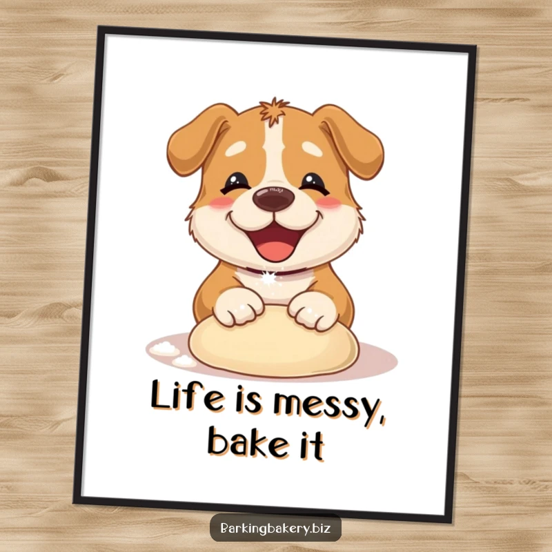 Funny Dog Poster: A charming dog covered in flour happily kneading dough, adding humor to walls. Great gift.