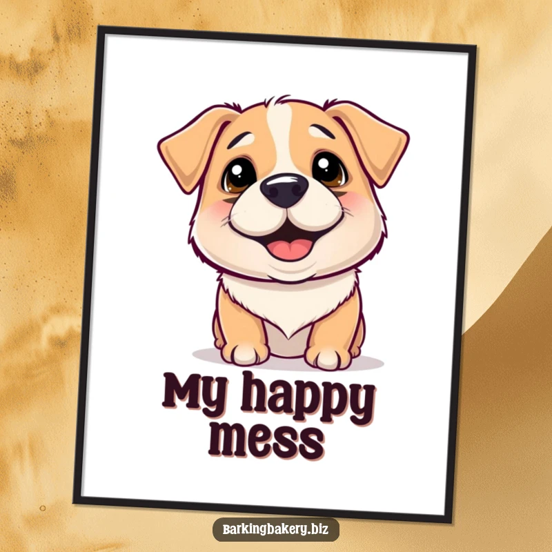 Funny Poster: A dog with a distinct flour smudge on its nose wiggles with intense happiness and adorable mess.