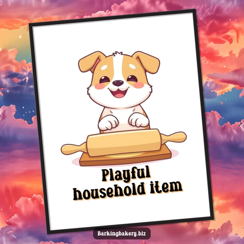 Funny dog poster featuring a happy dog playfully batting at a rolling pin with a big grin, baker's helper art.