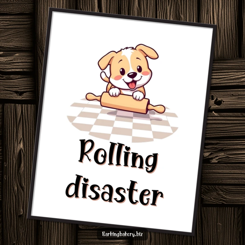 Funny dog chasing a rolling pin on a checkered floor, a delightful poster, perfect funny gift for playful spaces.