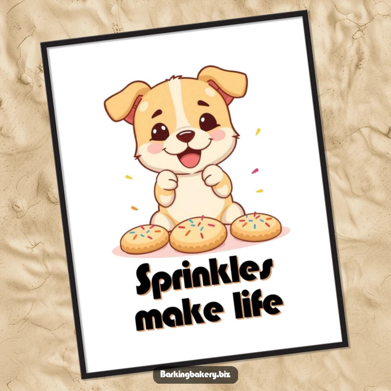 Funny poster art of a dog joyfully decorating cookies with a cascade of colorful sprinkles, perfect for a bakery.