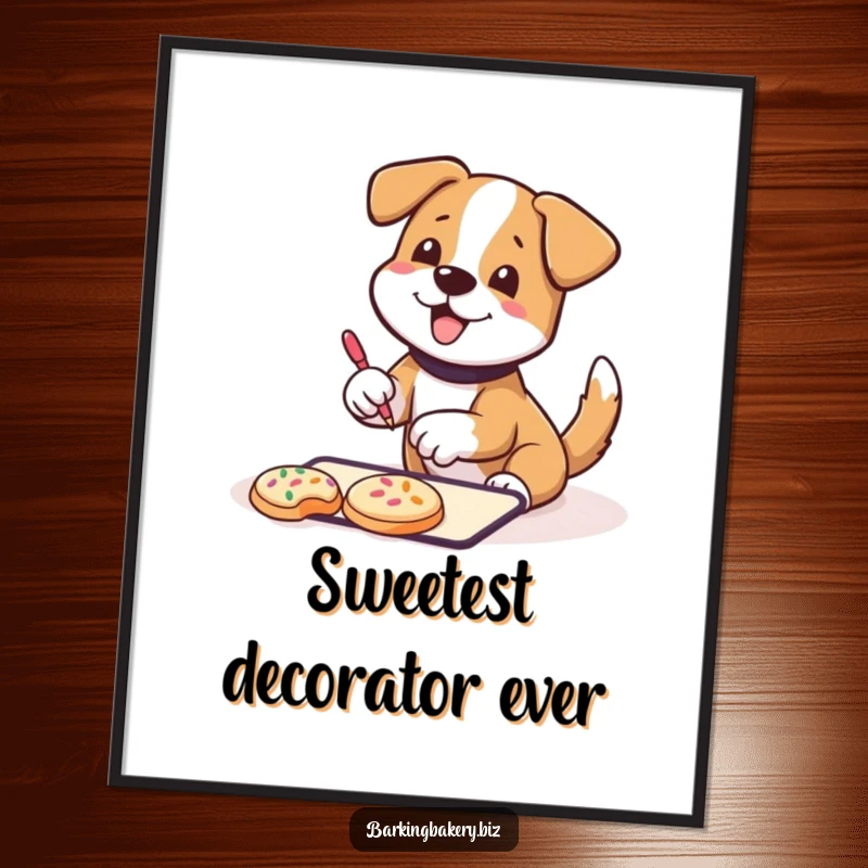 Funny Poster: A dog wagging its tail happily decorates cookies with sprinkles, bringing cheerful and humorous baking art.