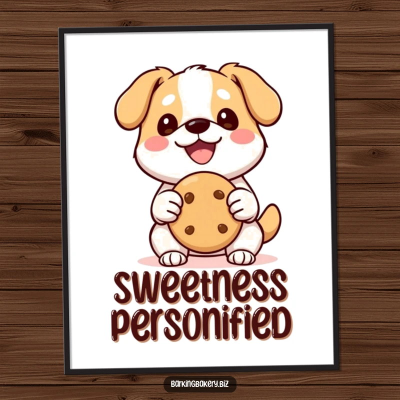 Funny Kawaii Dog Poster: A happy dog with a wide smile proudly holds a perfectly shaped cookie, radiating cheerful vibes.