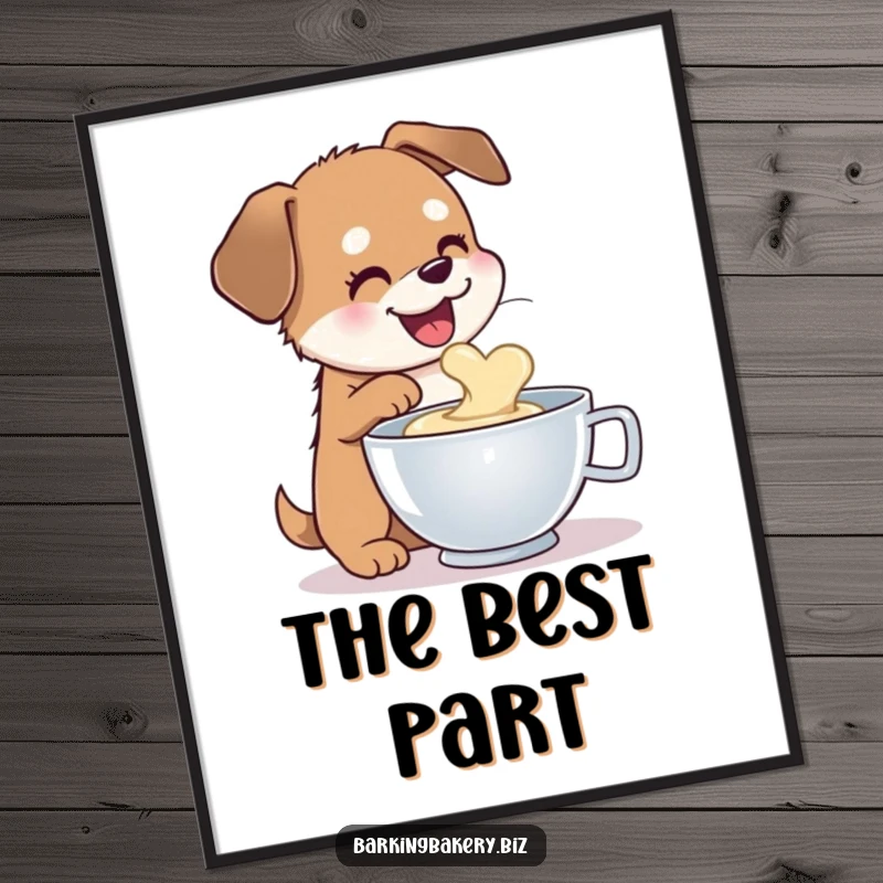 Funny dog poster of a happy dog sampling batter from a mixing bowl, capturing a moment of pure bliss.