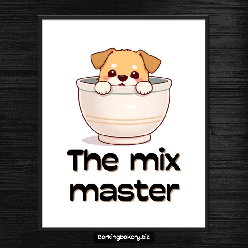 Funny Poster: A dog joyfully peeks out from a large mixing bowl, showing pure delight and curiosity.