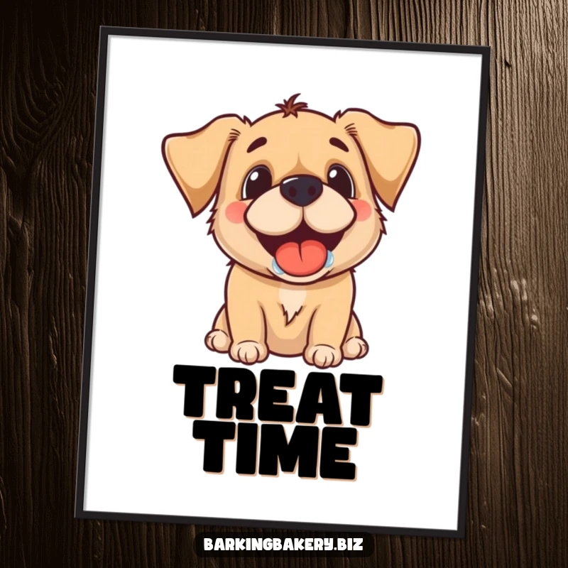 Funny poster art featuring a dog with a drooling grin, eagerly awaiting a tasty treat, perfect for kitchen decor.