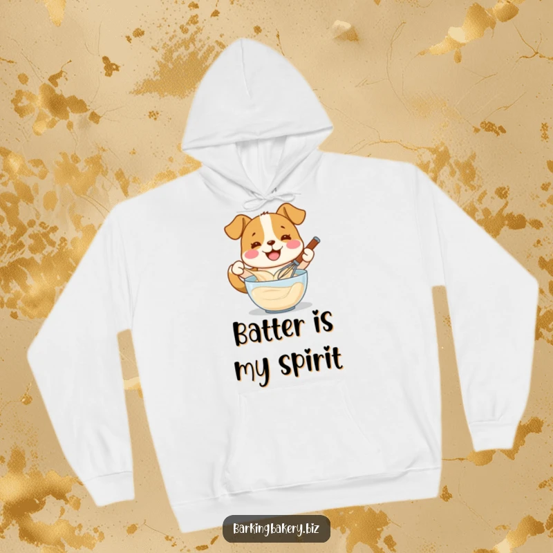 Funny dog whisking batter with a smile, wearing a cozy hoodie, ideal for a funny pet lover gift.