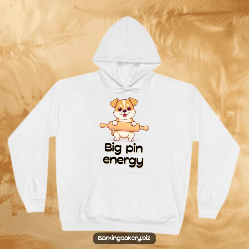 Funny hoodie print of a dog with a comically oversized rolling pin, trying its best to bake.