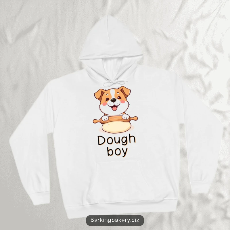 Funny Dog Baker Hoodie: A happy dog uses a rolling pin on puffed dough, ideal for cozy baking days.
