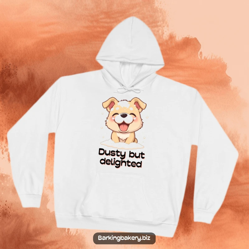 Funny dog giggling and covered in flour, wearing a cozy hoodie, ideal for a funny pet lover gift.