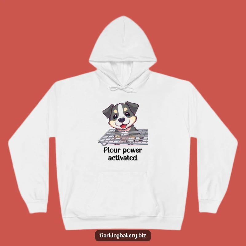 Funny Curious Dog Baker Hoodie: Cozy Floury Pup Sniffing Treats, Warm Funny Gift