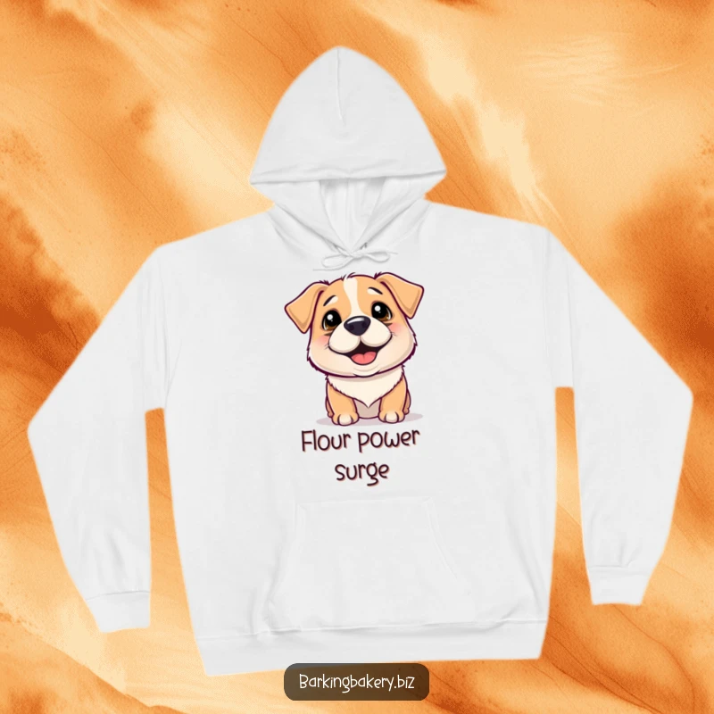 Funny Hoodie: A dog with a flour smudge on its nose wiggles happily, embodying comfort and playful mess.