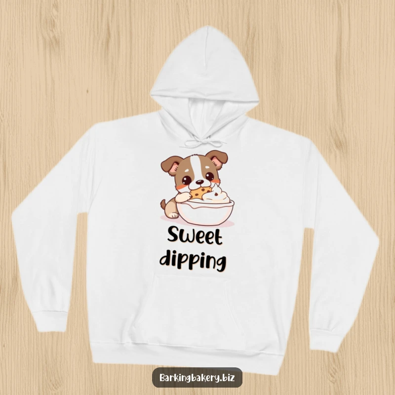 Funny Cookie Monster Dog Hoodie: A happy dog dips a cookie into a giant bowl of frosting, perfect for cozy days.