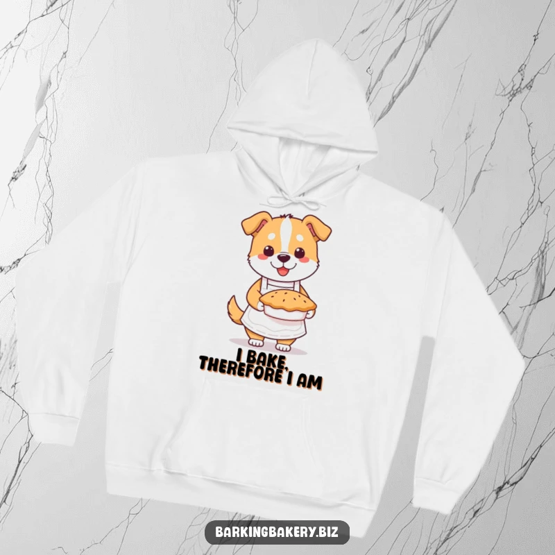 Funny dog baker hoodie showcasing a dog in an apron presenting a hot pie, ideal for cozy humor from a loving pet.