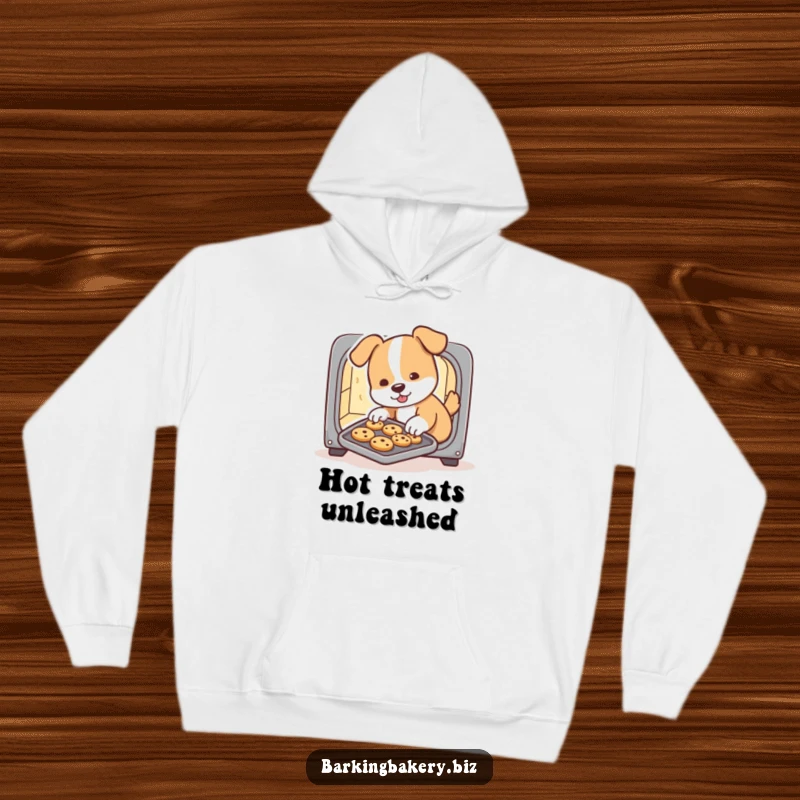 Funny dog hoodie, a charming puppy baker slides a tray of cookies from a tiny oven, perfect for cozy laughs, a delightful gift.
