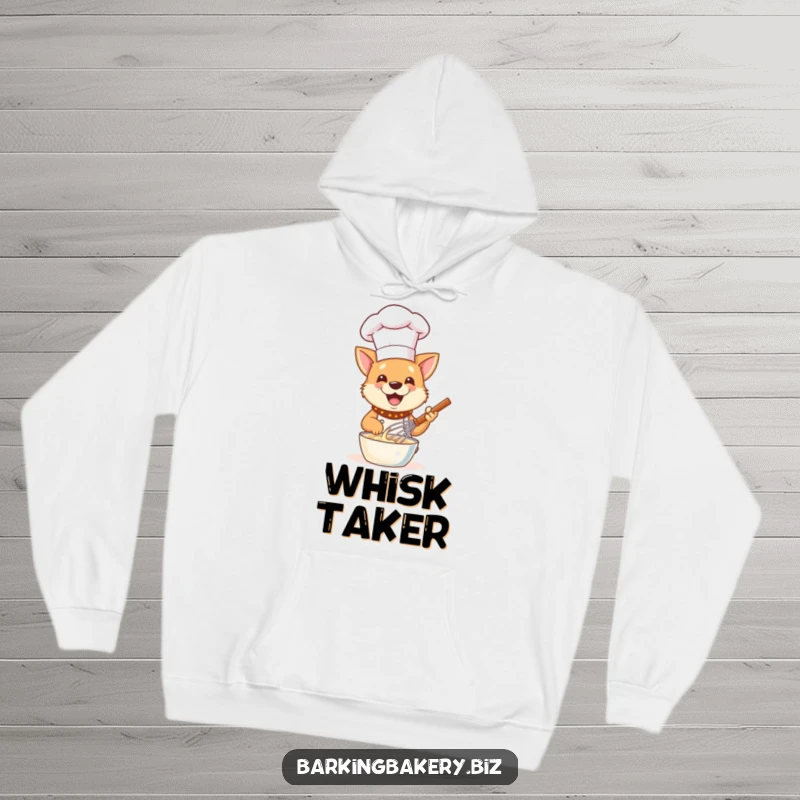 Funny Dog Chef Hoodie: A happy dog wearing a chef hat gleefully whisks batter, perfect for cozy kitchen vibes.