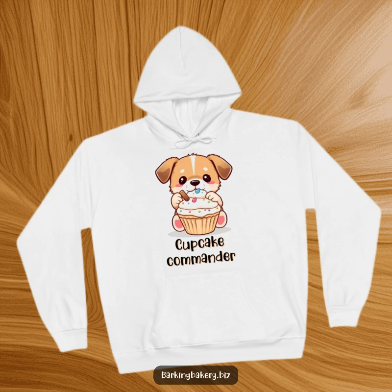 Funny Dog Decorator Hoodie: A dog carefully places toppings on a cupcake, ideal for cozy decorating sessions.