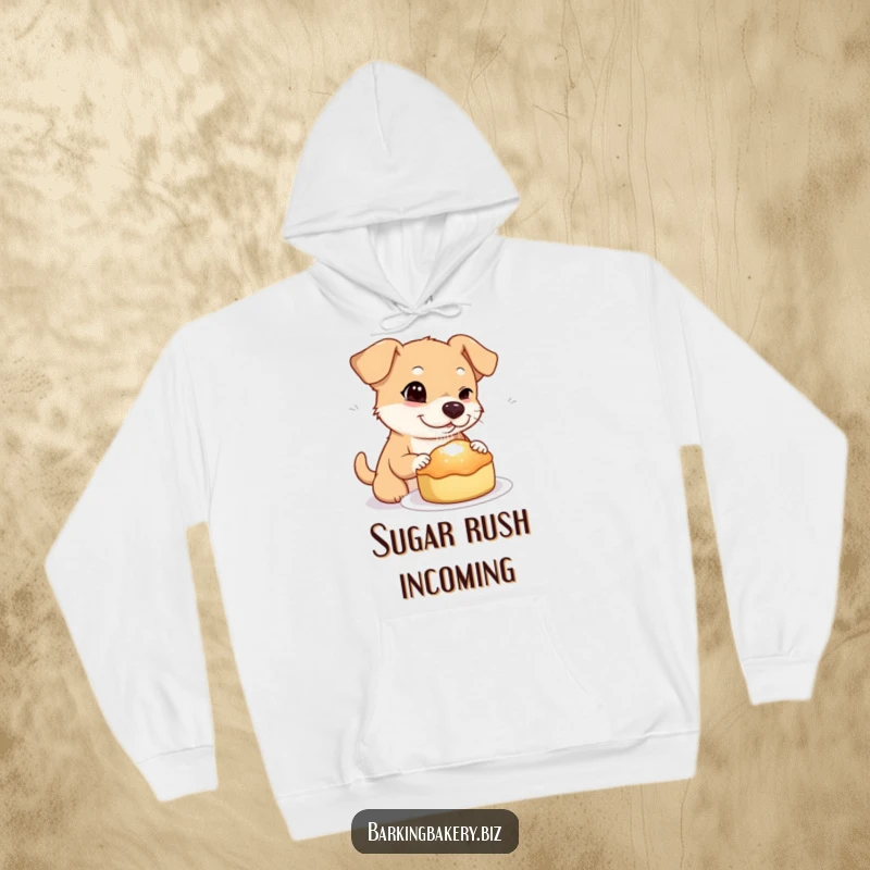 Funny dog hoodie showing a dog winking while sprinkling sugar onto a freshly baked treat, embodying sweet expertise.