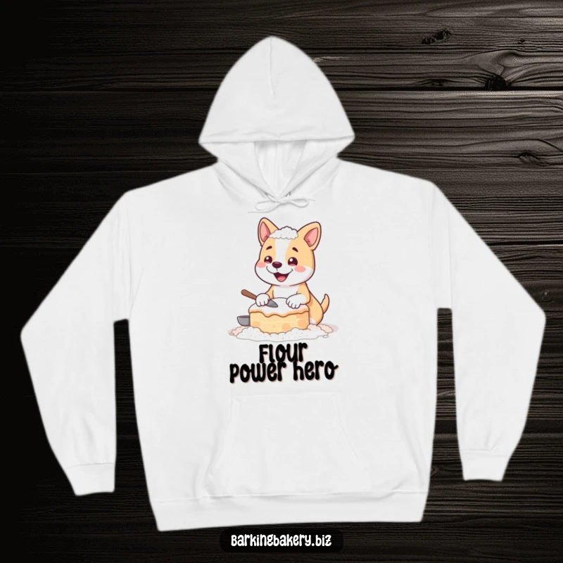 Funny hoodie print of a joyful dog coated in flour, proudly displaying a hilariously imperfect, freshly baked cake.
