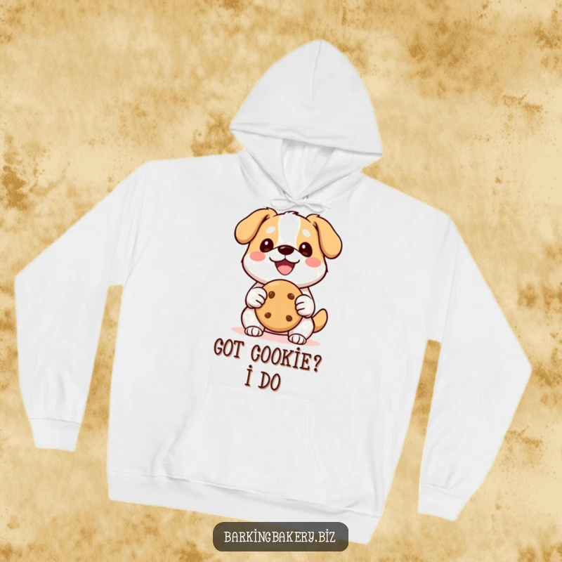 Funny Kawaii Dog Hoodie: A happy, smiling kawaii dog holds a perfect cookie, offering cozy comfort and cute humor.