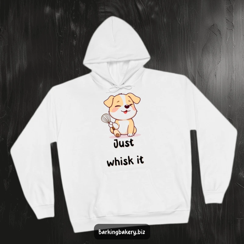 Funny dog holding a whisk winks playfully, creating a cozy and humorous hoodie design.