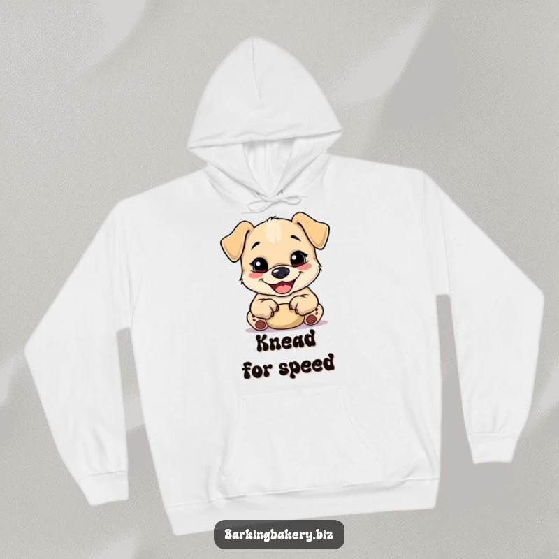 Funny happy dog kneading dough with its tiny paws, creating a cozy and humorous hoodie design.