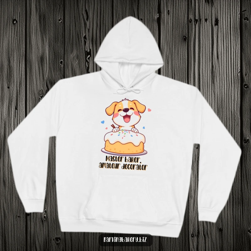 Funny hoodie showcasing an energetic dog enthusiastically adorning a cake with a delightful confetti of sprinkles.