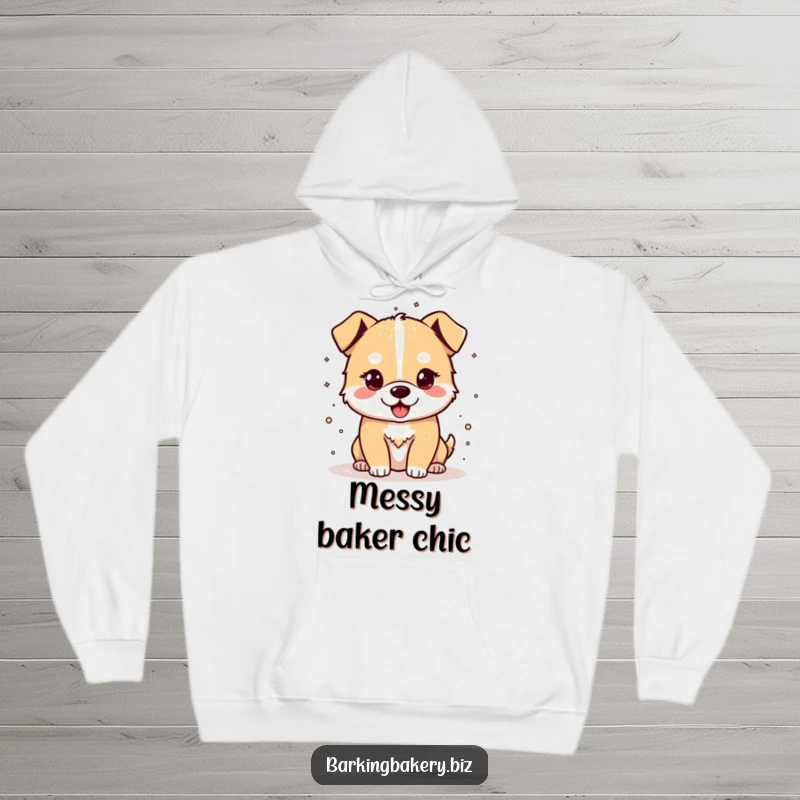 Funny hoodie featuring a cheerful dog sprinkling flour, providing warmth and baking inspiration.