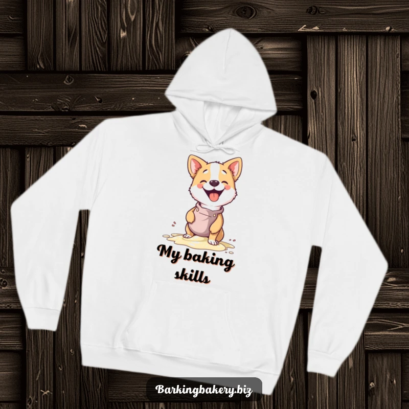 Funny and cozy hoodie with a dog chef spilling batter and giggling, a warm and humorous statement piece.