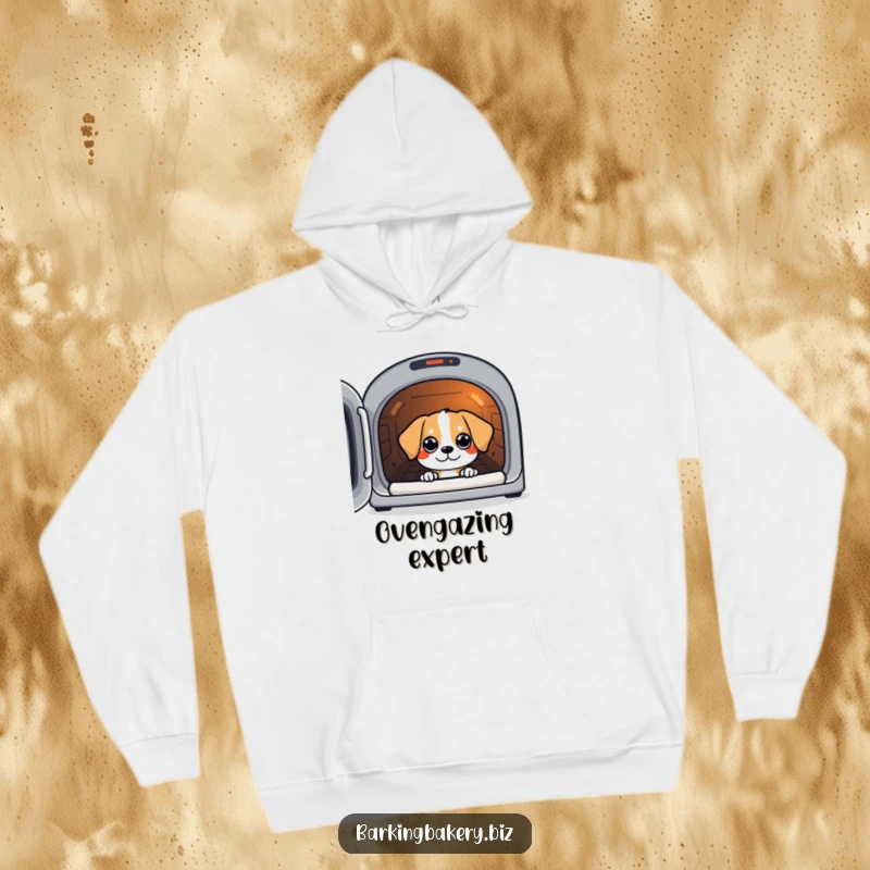 Funny hoodie print of a dog peeking with eager eyes into a warm, glowing oven.