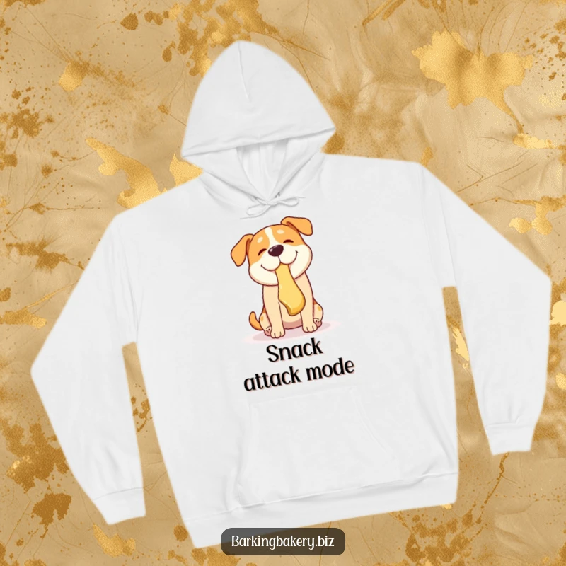 Funny dog hoodie depicting a joyous dog catching a falling pastry with its mouth, embodying playful mischief.