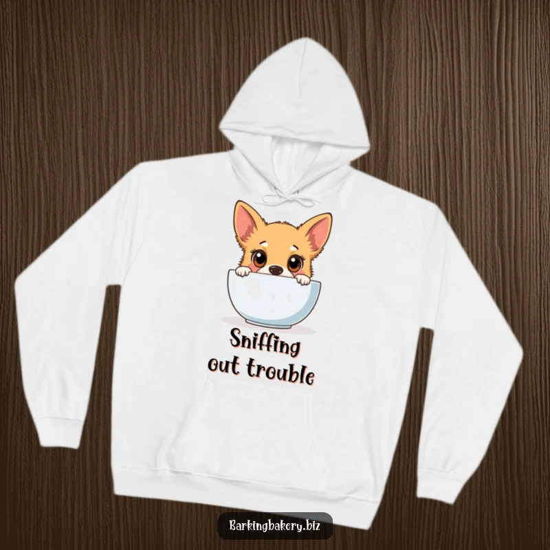Funny dog hoodie depicting a sweet, curious puppy with large eyes peering over the edge of a baking mixing bowl.