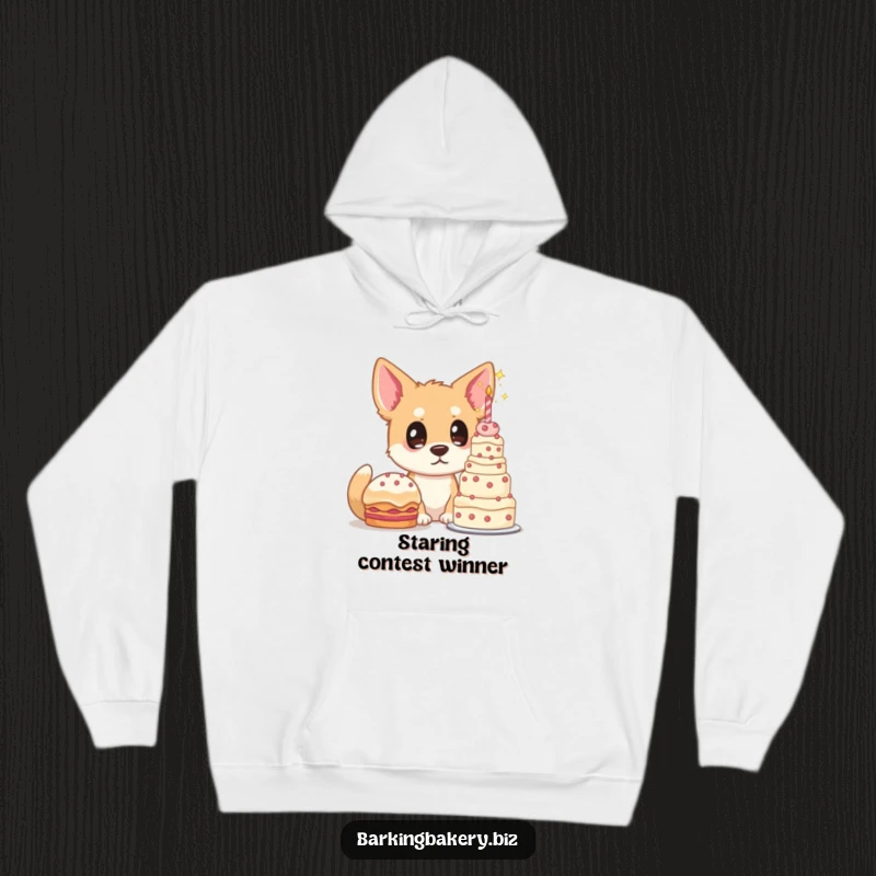 Funny dog hoodie, a dog with starry eyes gazes at a huge cake, cozy and humorous for sweet treat lovers.